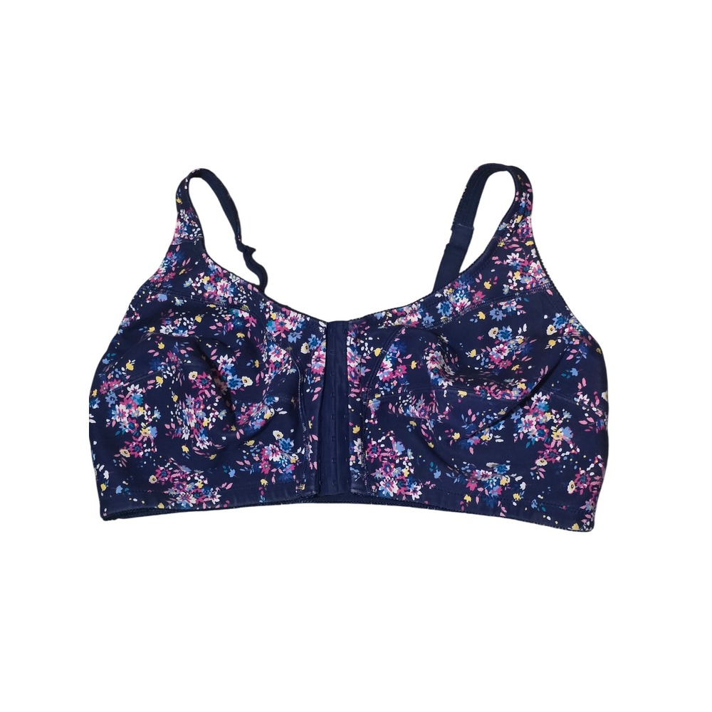 Comfort Choice Wireless Front Closure Bra 48DD Navy Floral Plus Size 100% Cotton